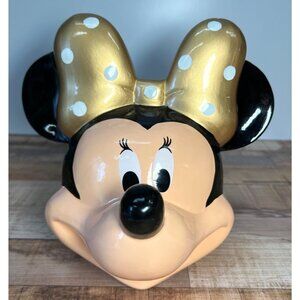 Disney Minnie Mouse Ceramic Coin Bank With Gold Polka Dot Bow & Rubber Stopper